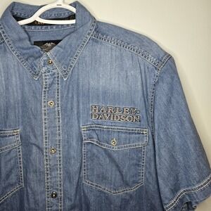 Harley Davidson Denim Button Up Mens 2XL Short Sleeve Embroidered Biker